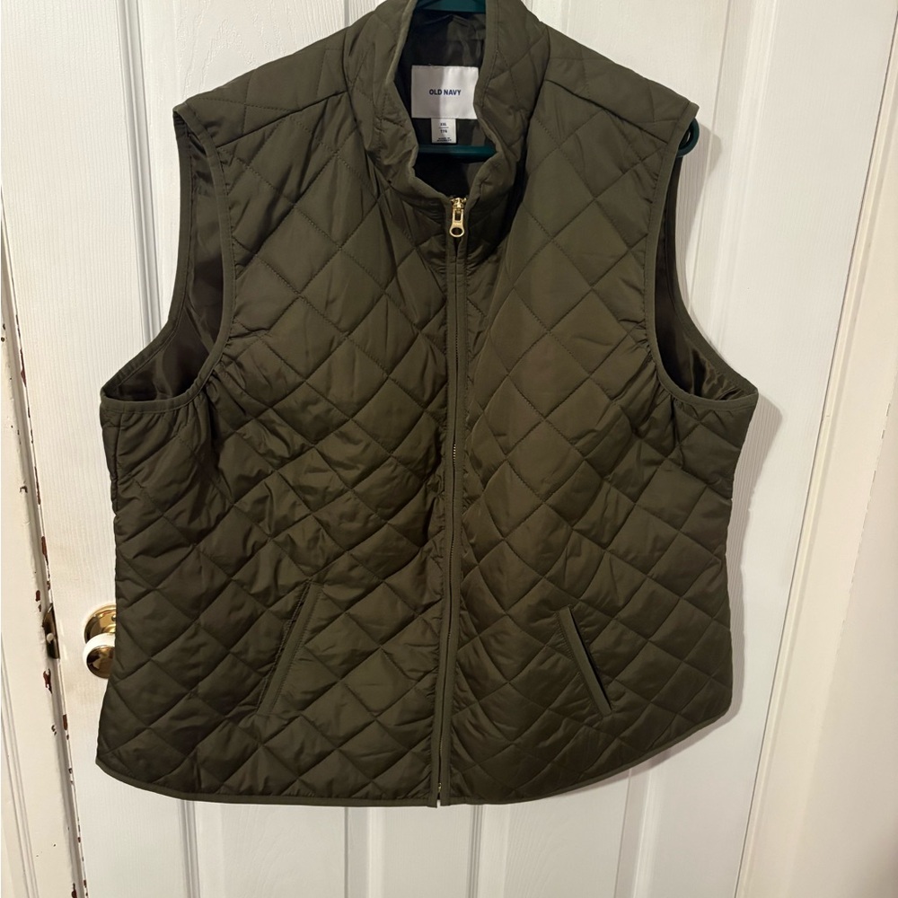Old Navy Quilted Olive Vest with Gold Zipper